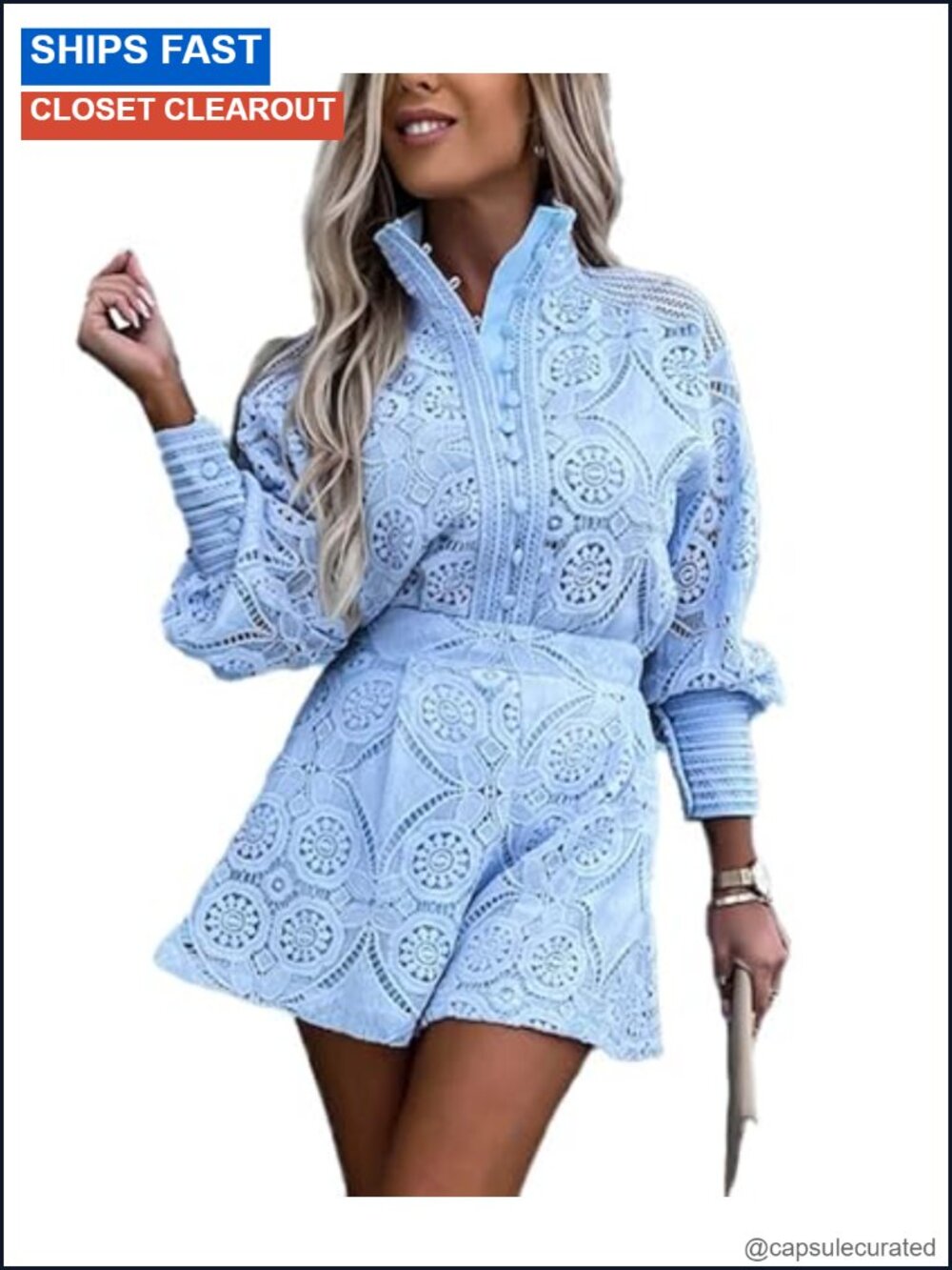 Women's Eyelet Lace Two Piece Outfit Long Sleeve Blouse High Waisted Shorts Set